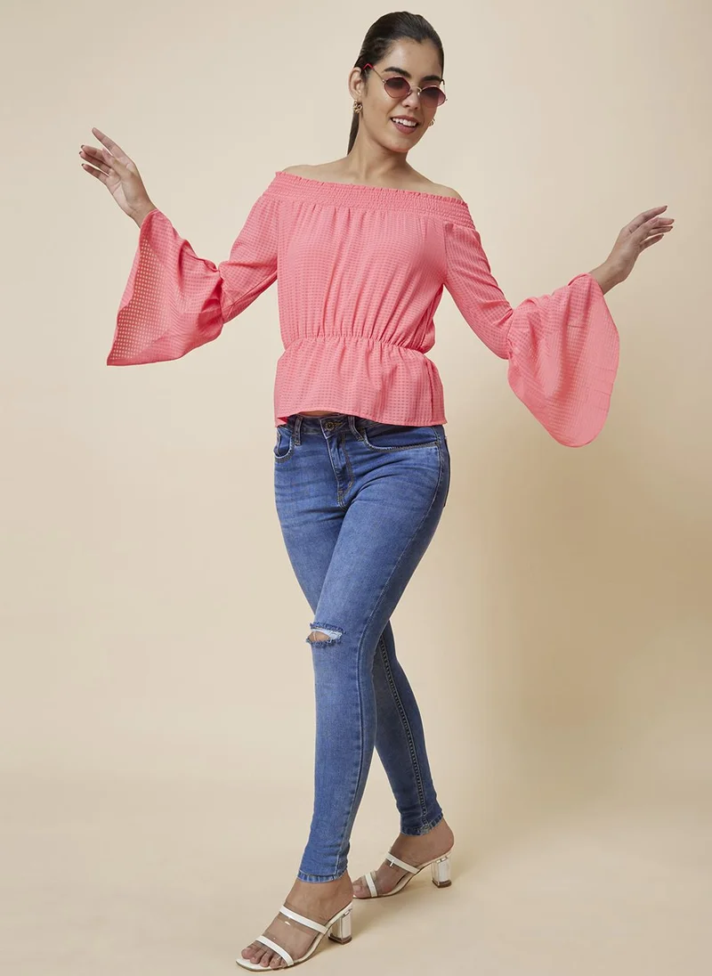 globus Globus Women Pink Off-Shoulder Bell Sleeve Cinched Waist Top